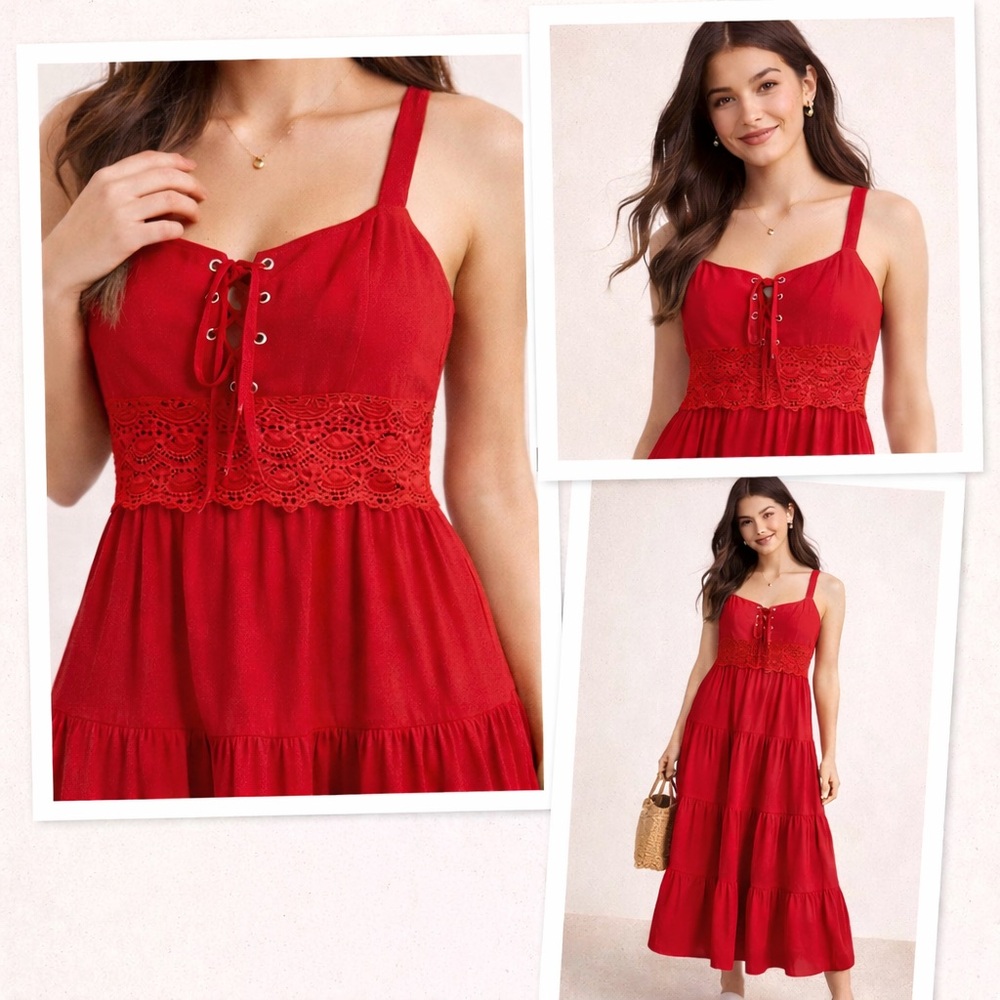 Red Boho Tiered Sundress Lace Up Bodice Crochet Lace Summer Maxi Dress XS S